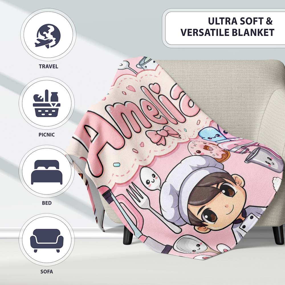 Cute Kawaii Baking Girl Appliances Utensils Soft Pink Personalised Custom Name Super Soft Fleece Blanket Bed Sofa Throw