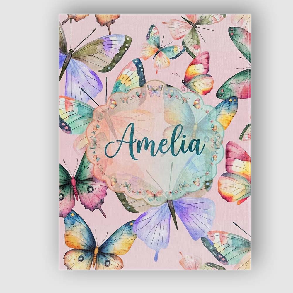 Personalised Name Pastel Watercolor Butterflies Soft Pink Background Custom Home Canvas Wall Art Print Decor Picture Ready to Hang