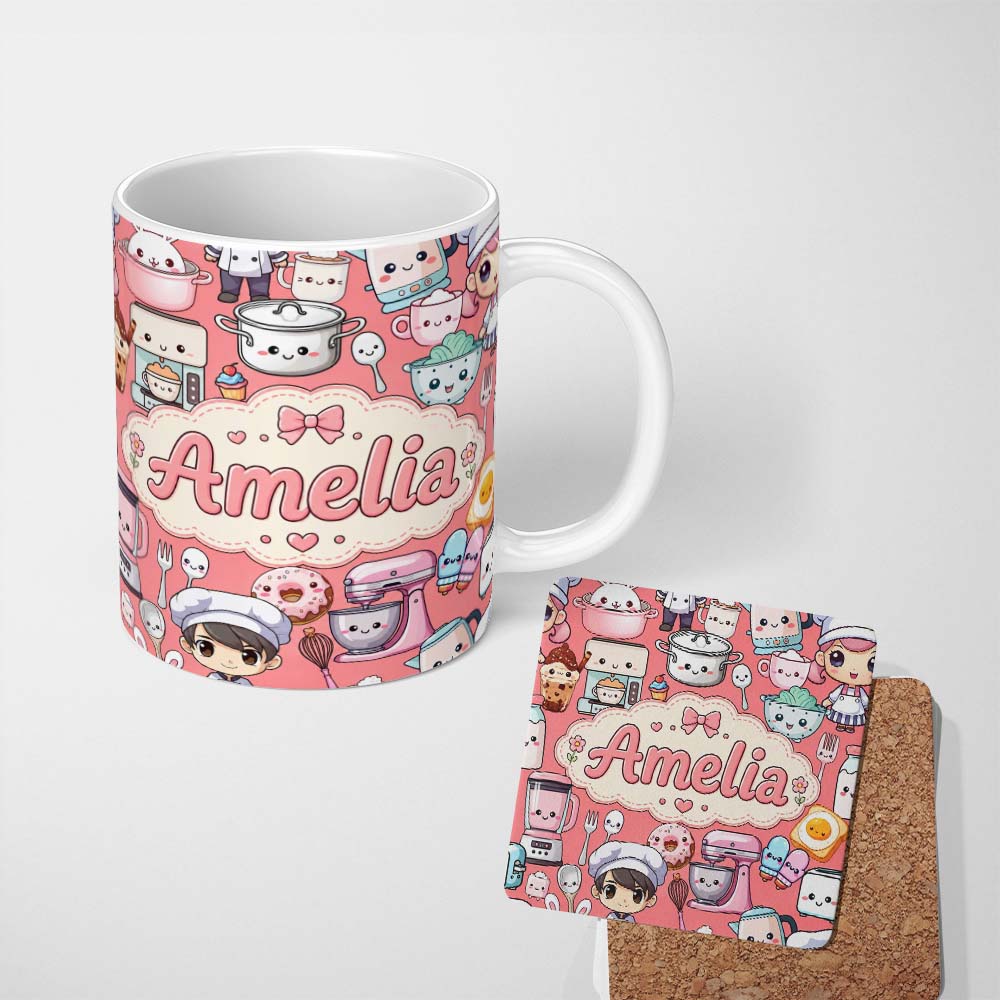 Personalized Custom Name Cute Kawaii Baking Girl Kitchen Appliances Utensils Coral 11oz Ceramic Coffee Tea Mug White Large Handle
