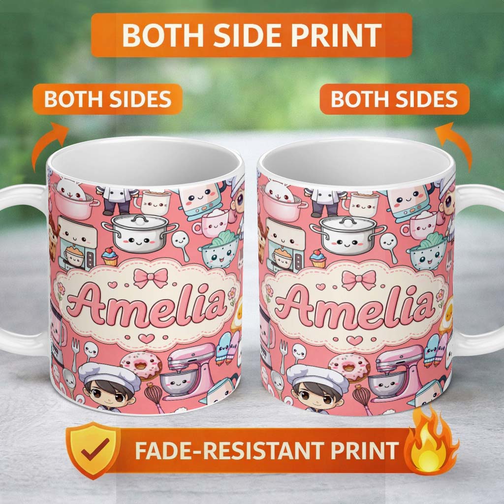 Personalized Custom Name Cute Kawaii Baking Girl Kitchen Appliances Utensils Coral 11oz Ceramic Coffee Tea Mug White Large Handle