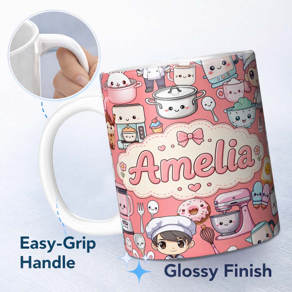 Personalized Custom Name Cute Kawaii Baking Girl Kitchen Appliances Utensils Coral 11oz Ceramic Coffee Tea Mug White Large Handle