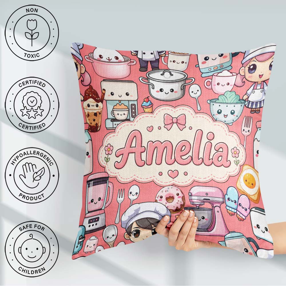 Custom Name Cute Kawaii Baking Girl Appliances Utensils Coral Square Filled Cushion Throw Pillow Sofa Bed Home Decor Zip Washable UK Made