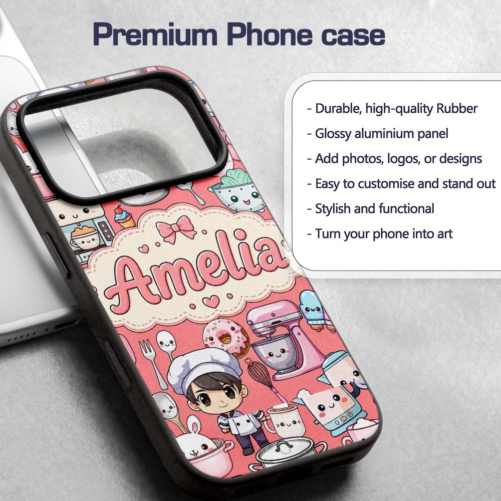 Cute Kawaii Baking Girl Appliances Utensils Coral Custom Name Protective Phone Case Mobile Cover Durable Everyday Smartphone Shock Resistant