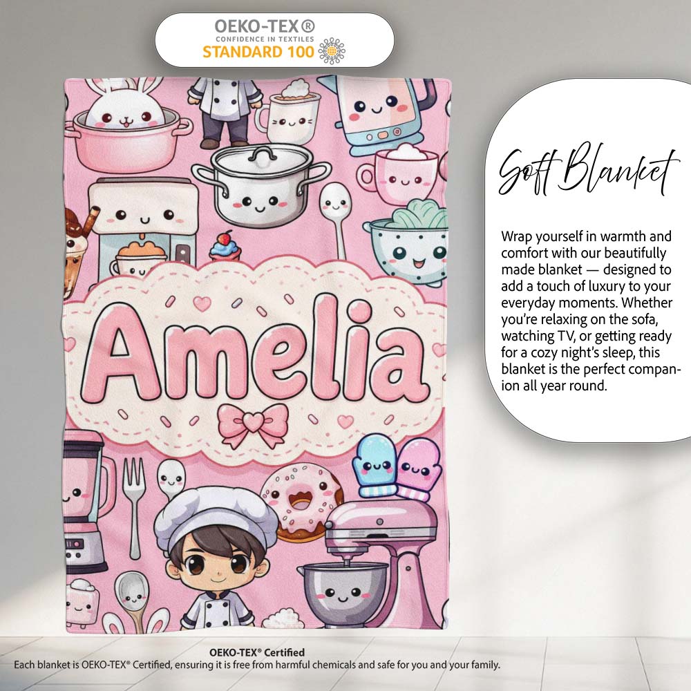 Cute Kawaii Baking Girl Appliances Utensils Light Grey Personalised Custom Name Super Soft Fleece Blanket Bed Sofa Throw
