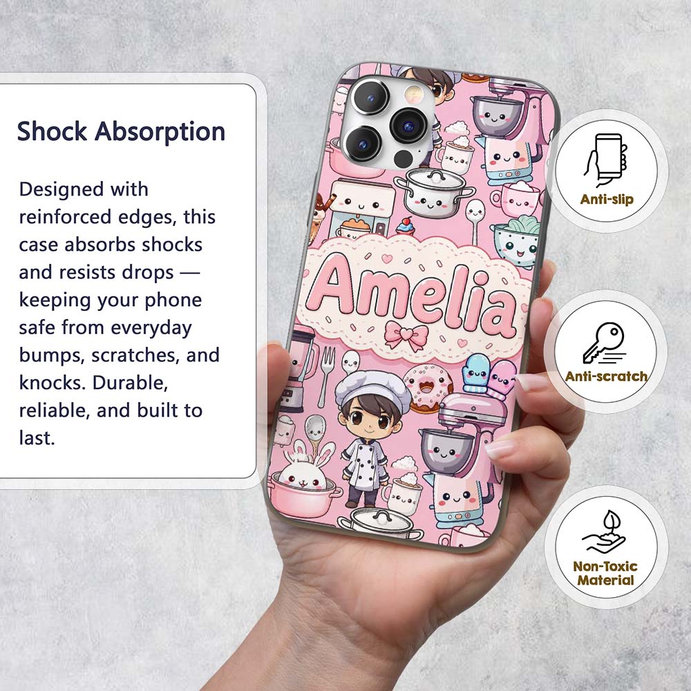 Cute Kawaii Baking Girl Appliances Utensils Light Custom Name Protective Phone Case Mobile Cover Durable Everyday Smartphone Shock Resistant
