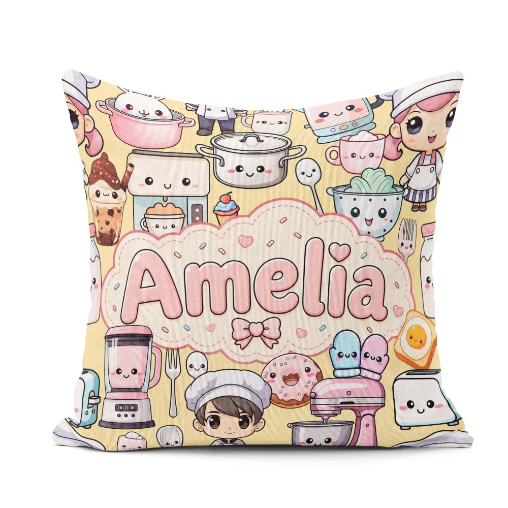 Custom Name Cute Kawaii Baking Girl Appliances Utensils Yellow Square Filled Cushion Throw Pillow Sofa Bed Home Decor Zip Washable UK Made