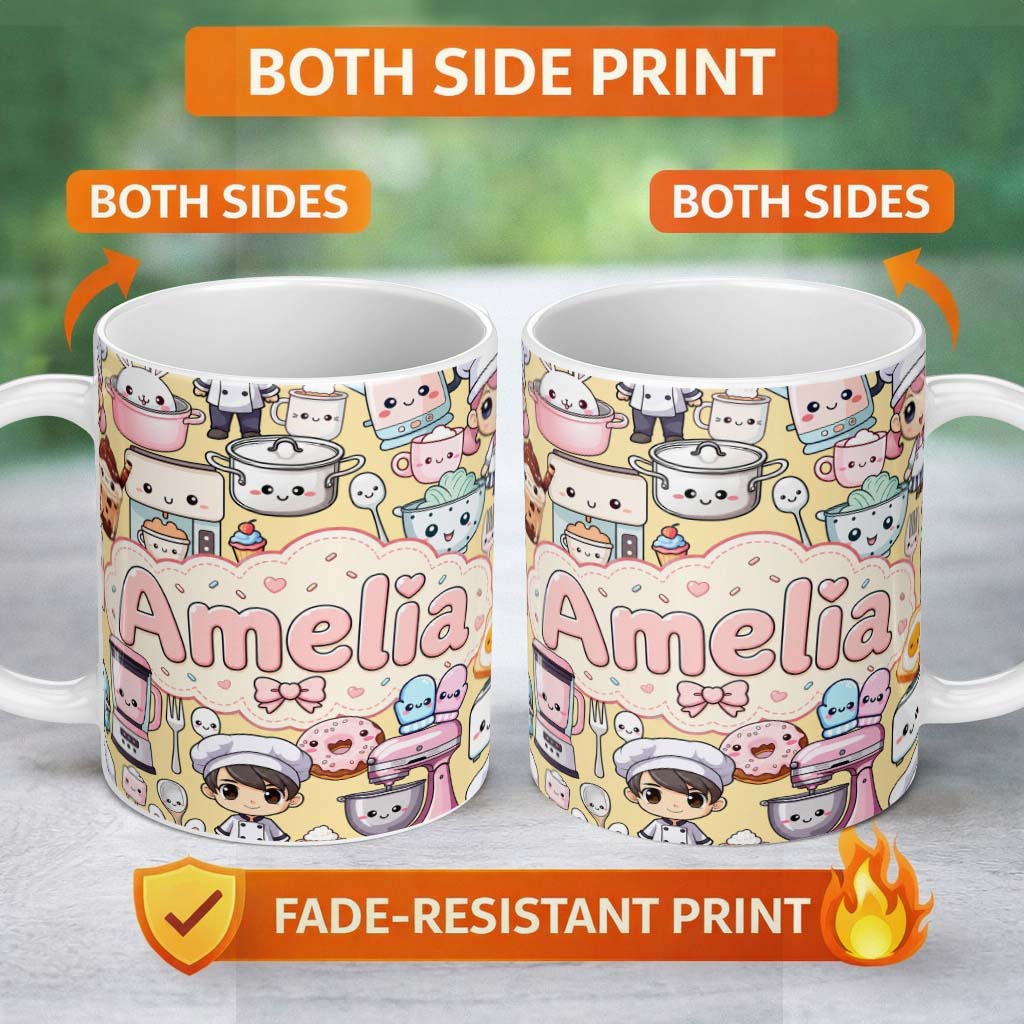 Personalized Custom Name Cute Kawaii Baking Girl Kitchen Appliances Utensils Yellow 11oz Ceramic Coffee Tea Mug White Large Handle