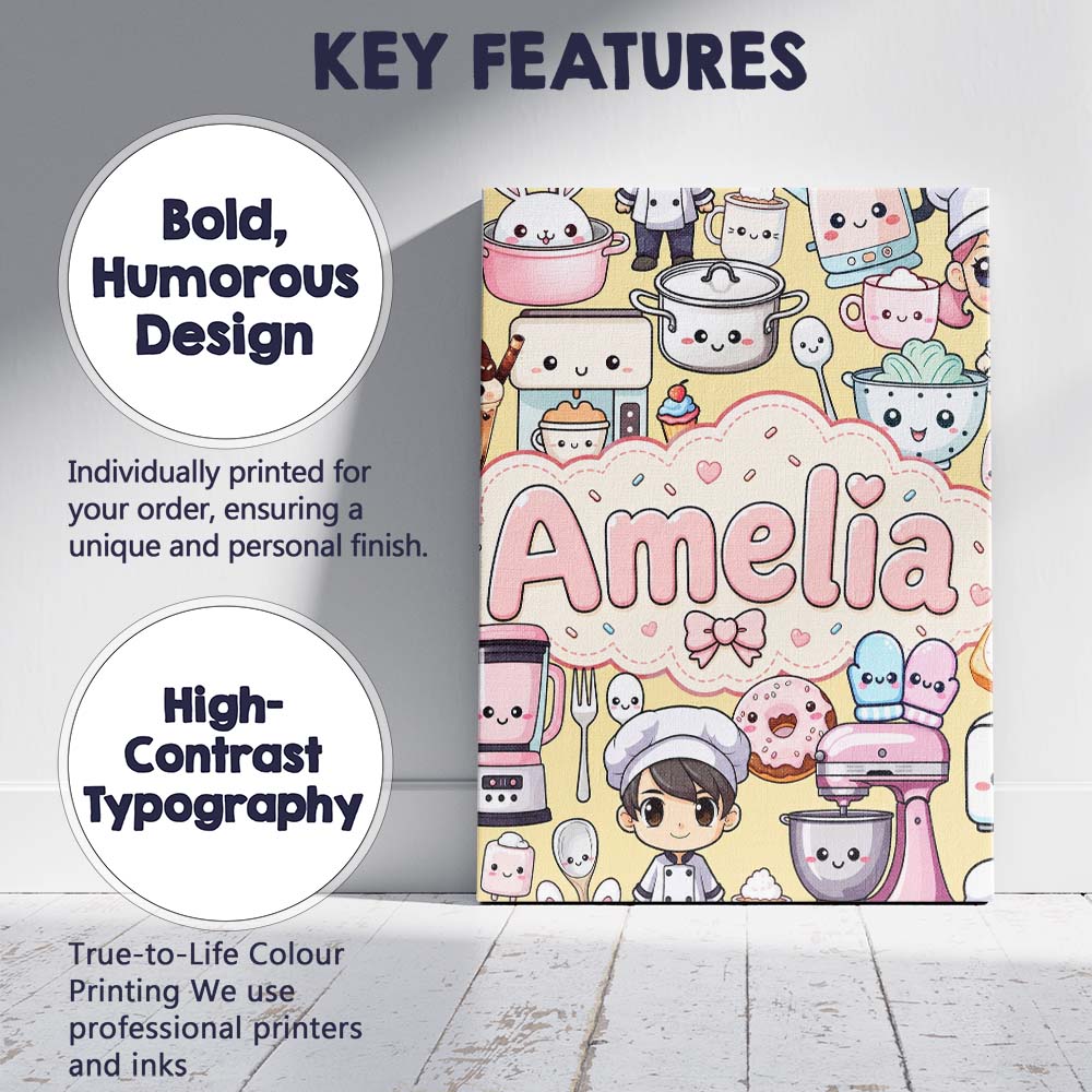 Personalised Name Cute Kawaii Baking Girl Custom Unique Gift Idea Elegant Feature Canvas Wall Art Print Decor Picture Ready to Hang