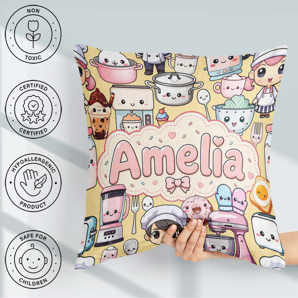 Custom Name Cute Kawaii Baking Girl Appliances Utensils Yellow Square Filled Cushion Throw Pillow Sofa Bed Home Decor Zip Washable UK Made