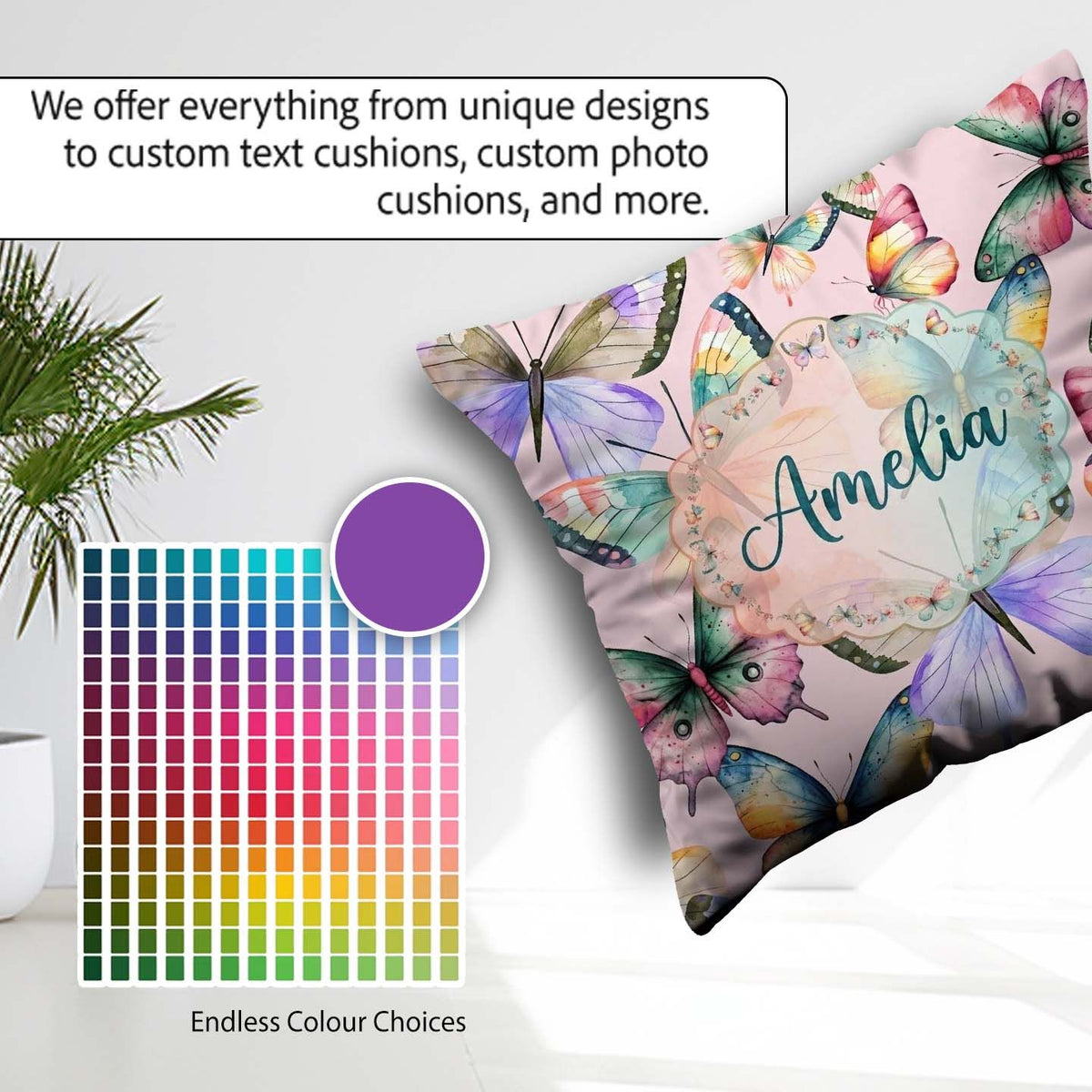 Custom Name Watercolor Butterflies Soft Pink Background Seamless Square Filled Cushion Throw Pillow Sofa Bed Home Decor Zip Washable UK Made