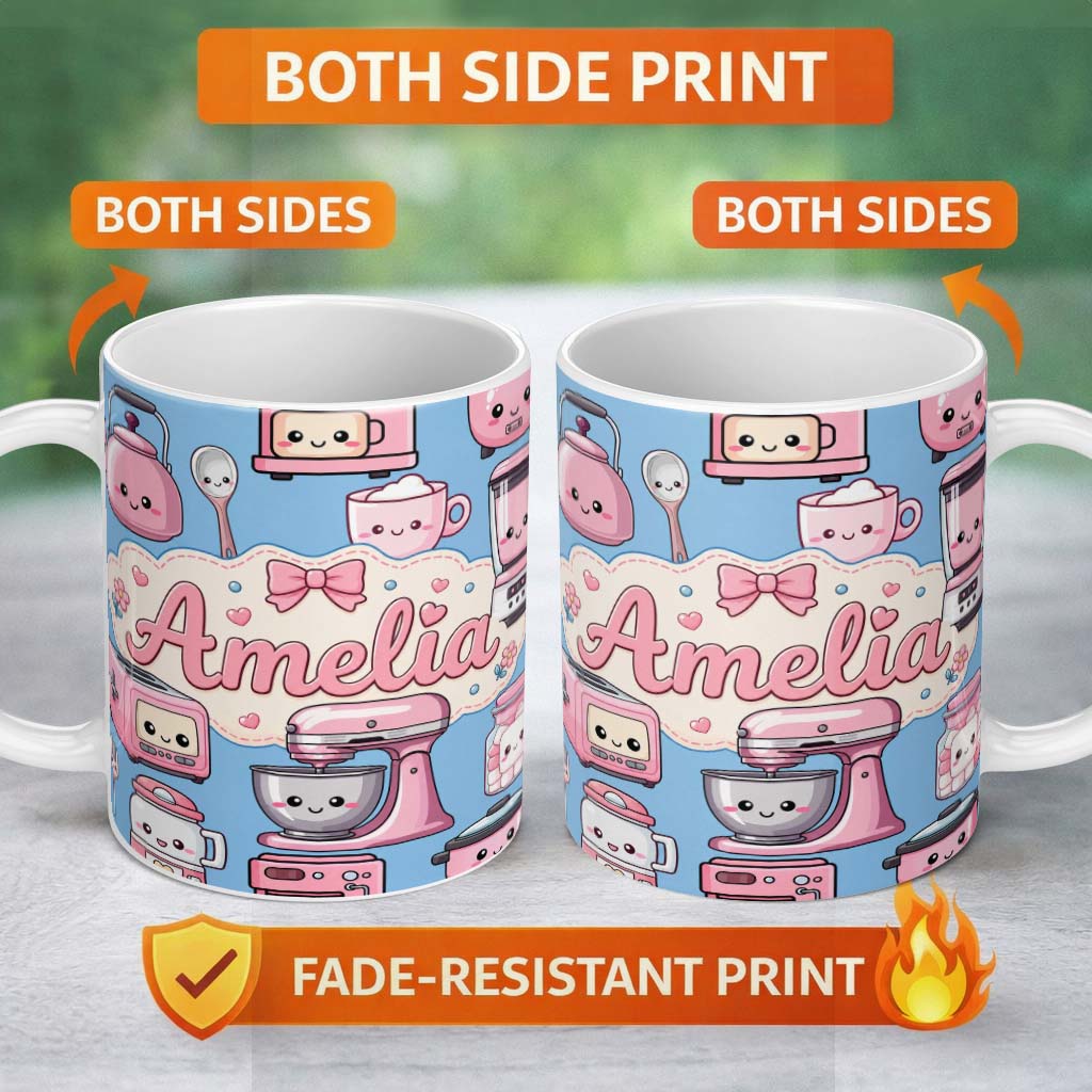 Personalized Custom Name Cute Kawaii Kitchen Appliances Mixer Toaster Blender Blue 11oz Ceramic Coffee Tea Mug White Large Handle