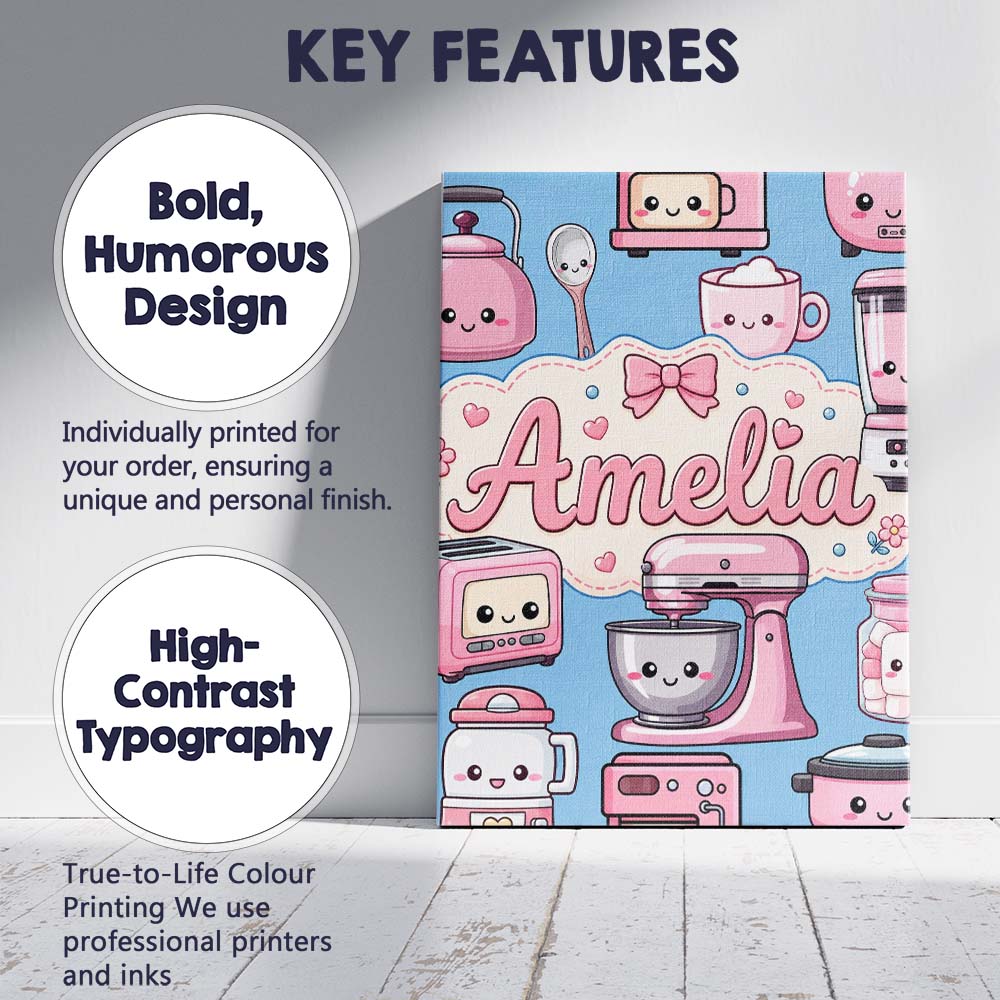 Personalised Name Cute Kawaii Appliances Custom Unique Gift Idea Elegant Feature Canvas Wall Art Print Decor Picture Ready to Hang