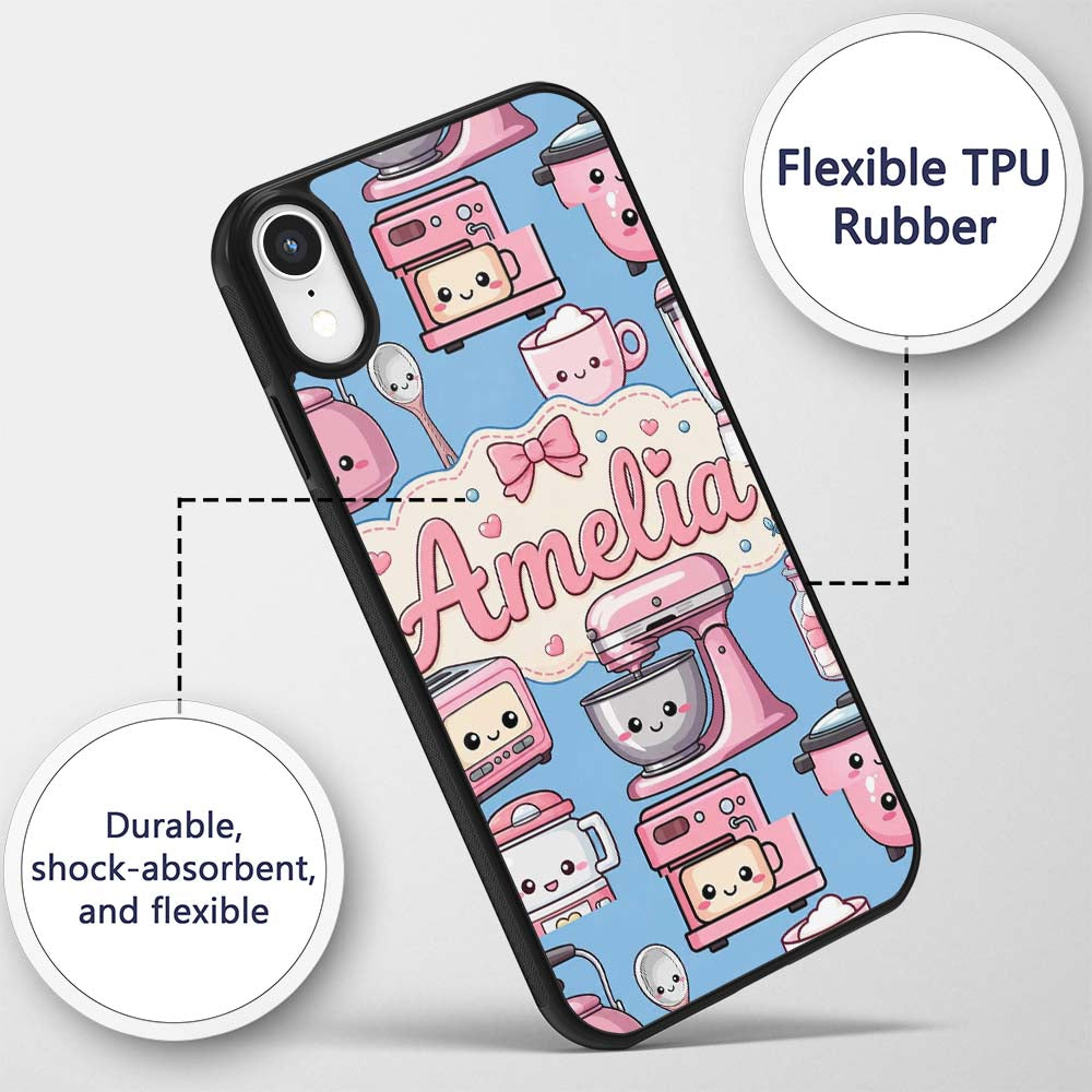 Cute Kawaii Appliances Mixer Toaster Blender Blue Custom Name Protective Phone Case Mobile Cover Durable Everyday Smartphone Shock Resistant