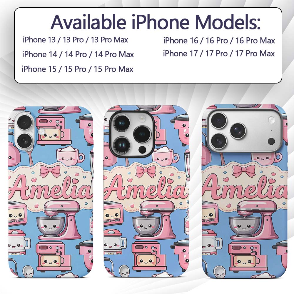 Cute Kawaii Appliances Mixer Toaster Blender Blue Custom Name Protective Phone Case Mobile Cover Durable Everyday Smartphone Shock Resistant