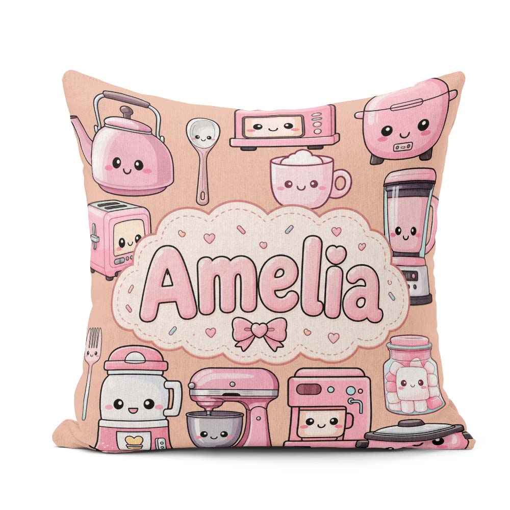 Custom Name Cute Kawaii Appliances Mixer Toaster Blender Peach Square Filled Cushion Throw Pillow Sofa Bed Home Decor Zip Washable UK Made
