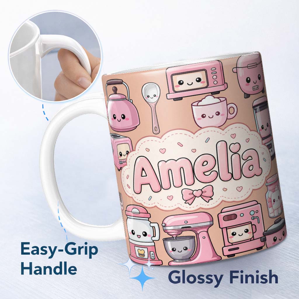 Personalized Custom Name Cute Kawaii Kitchen Appliances Mixer Toaster Blender Peach 11oz Ceramic Coffee Tea Mug White Large Handle
