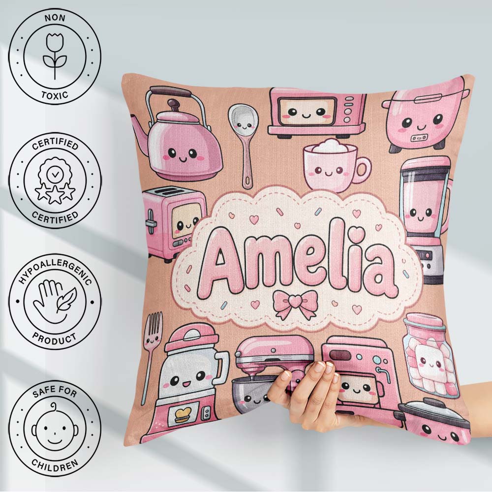 Custom Name Cute Kawaii Appliances Mixer Toaster Blender Peach Square Filled Cushion Throw Pillow Sofa Bed Home Decor Zip Washable UK Made