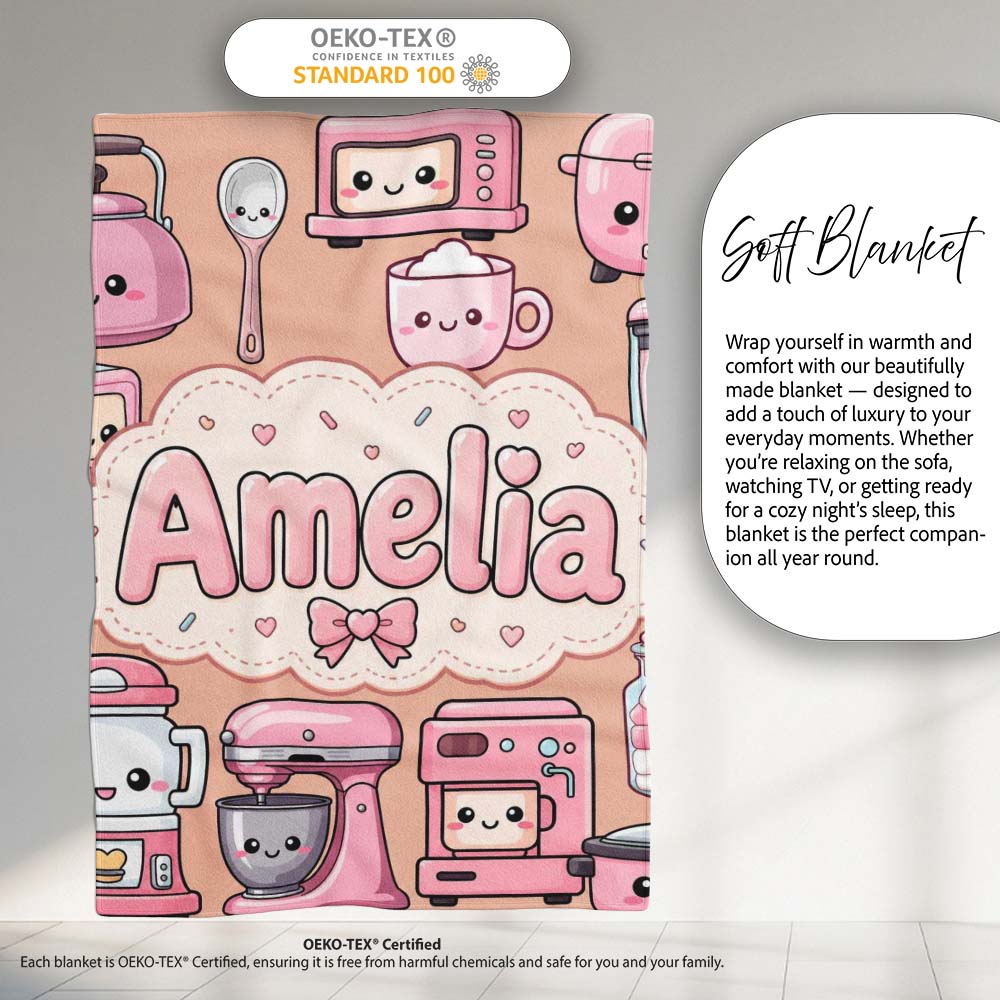 Cute Kawaii Appliances Mixer Toaster Blender Peach Personalised Custom Name Super Soft Fleece Blanket Bed Sofa Throw