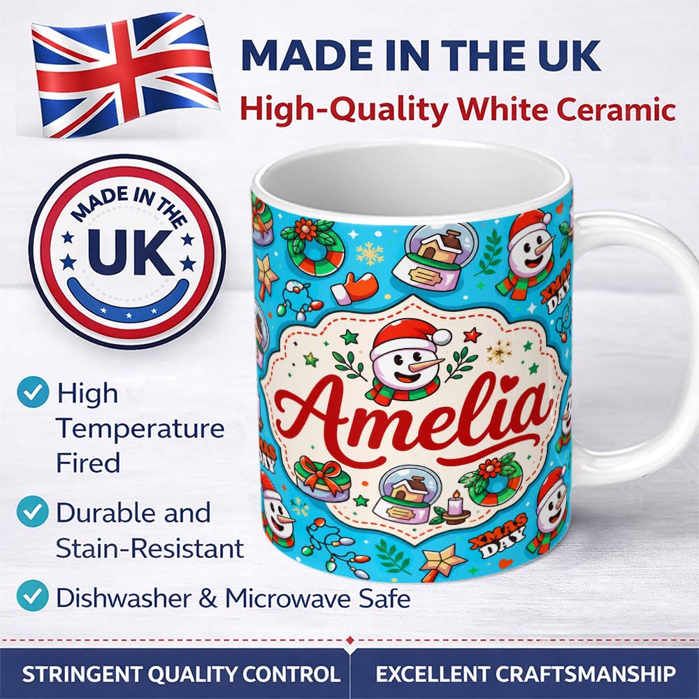 Personalized Custom Name Cute Snowman Xmas Day Wreath Gifts Festive Seamless Pattern Lovely 11oz Ceramic Coffee Tea Mug White Large Handle