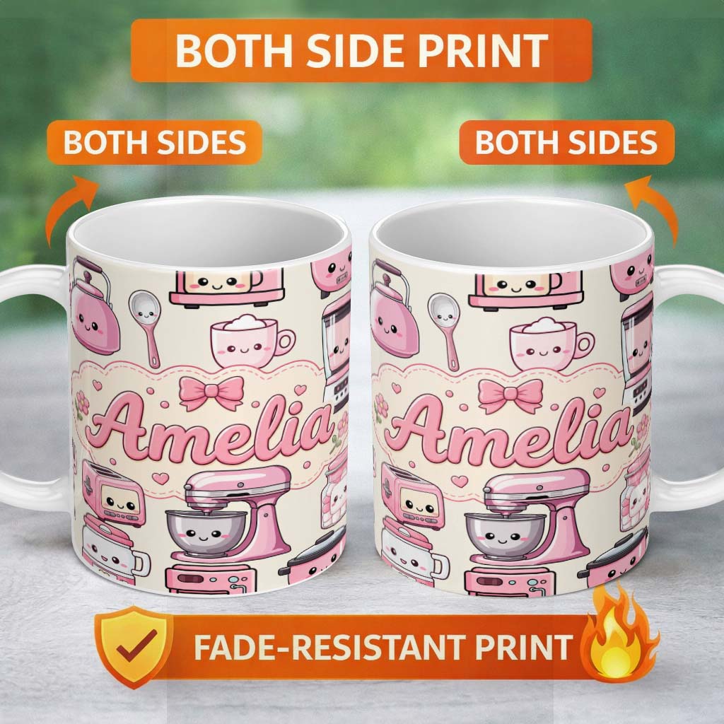 Personalized Custom Name Cute Kawaii Kitchen Appliances Mixer Toaster Blender Cream 11oz Ceramic Coffee Tea Mug White Large Handle
