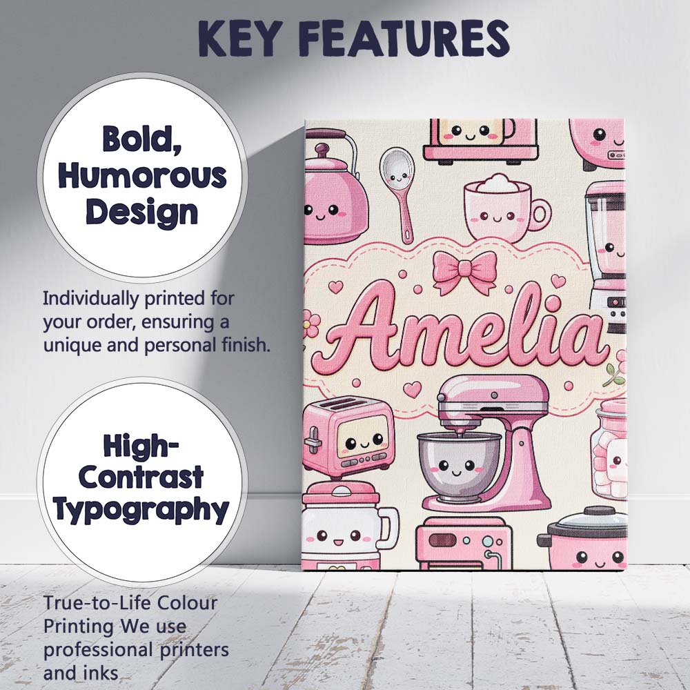 Personalised Name Cute Kawaii Appliances Custom Unique Gift Idea Elegant Feature Canvas Wall Art Print Decor Picture Ready to Hang