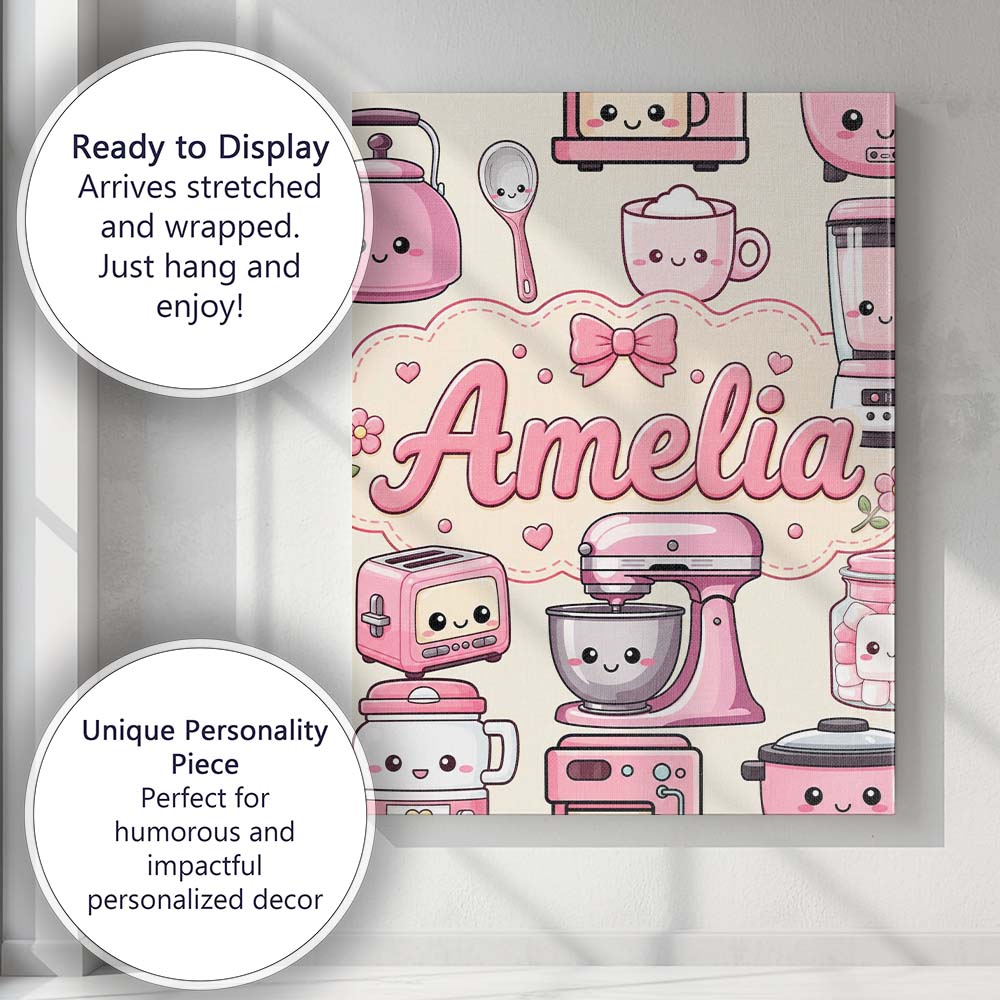 Personalised Name Cute Kawaii Appliances Custom Unique Gift Idea Elegant Feature Canvas Wall Art Print Decor Picture Ready to Hang