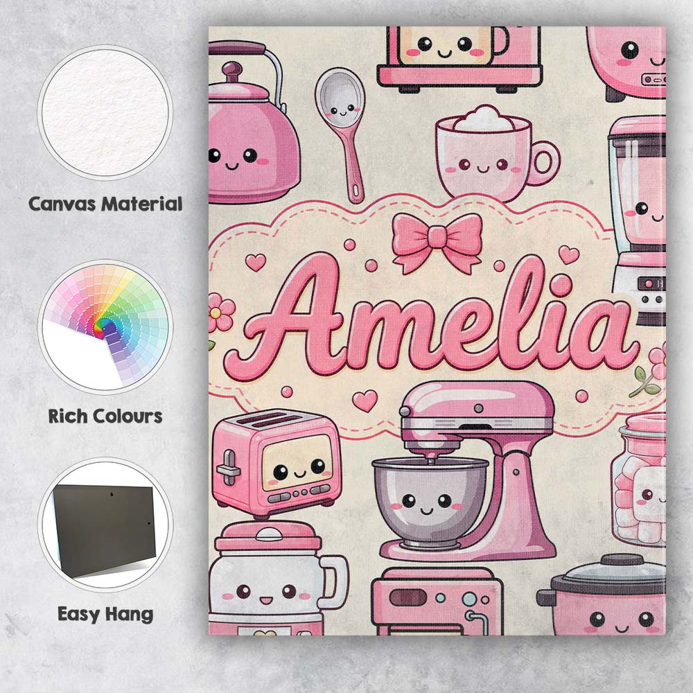 Personalised Name Cute Kawaii Appliances Custom Unique Gift Idea Elegant Feature Canvas Wall Art Print Decor Picture Ready to Hang