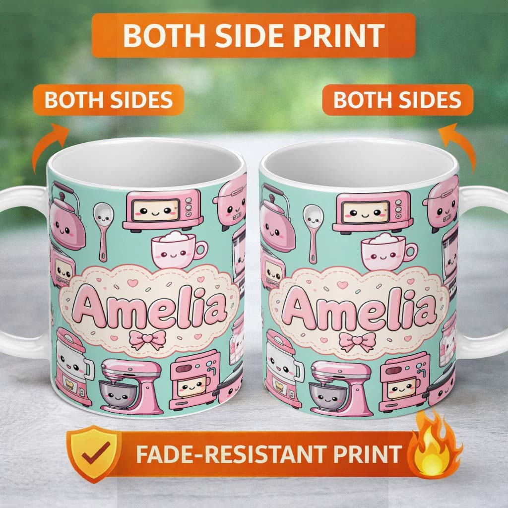 Personalized Custom Name Cute Kawaii Kitchen Appliances Mixer Toaster Blender Mint 11oz Ceramic Coffee Tea Mug White Large Handle