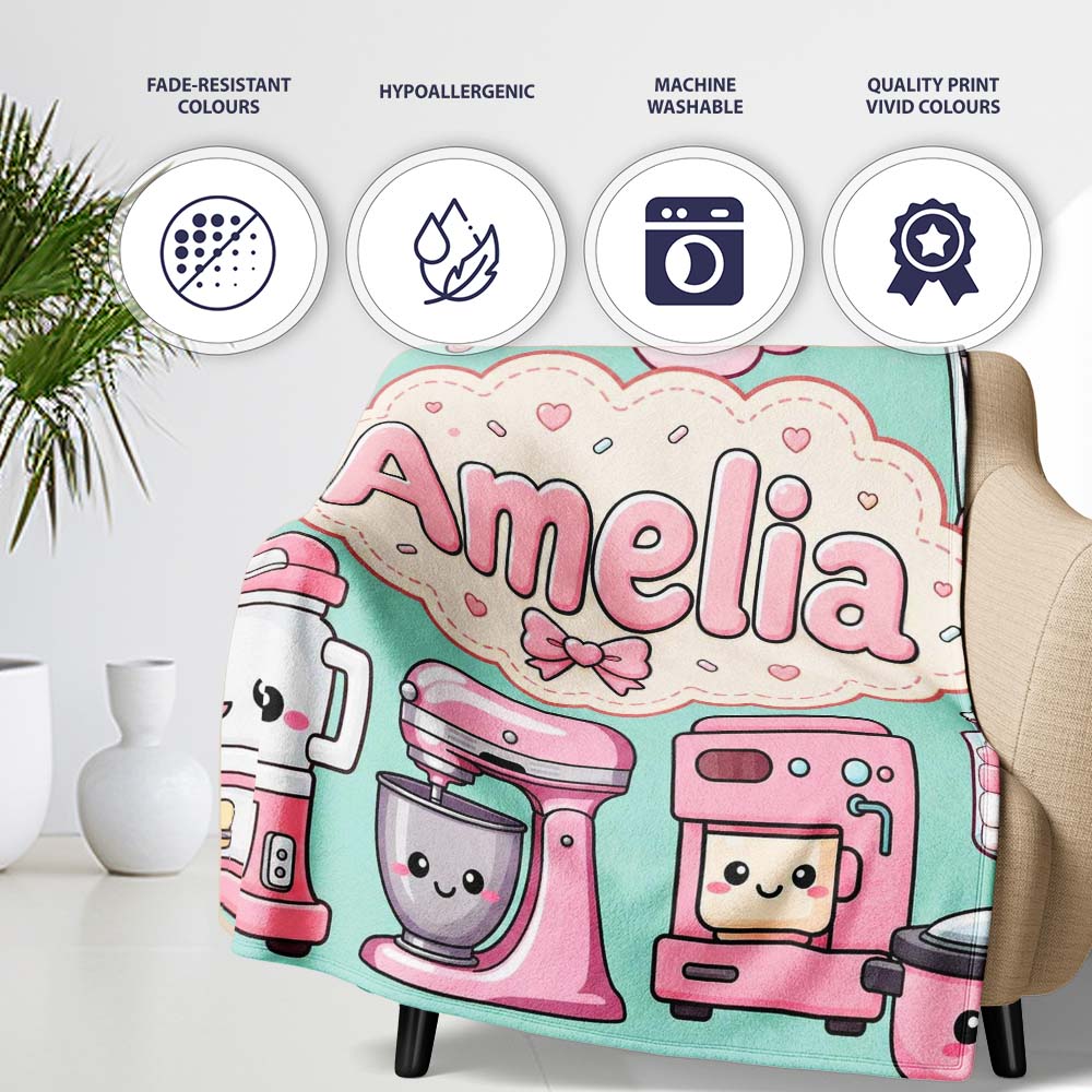 Cute Kawaii Appliances Mixer Toaster Blender Mint Personalised Custom Name Super Soft Fleece Blanket Bed Sofa Throw