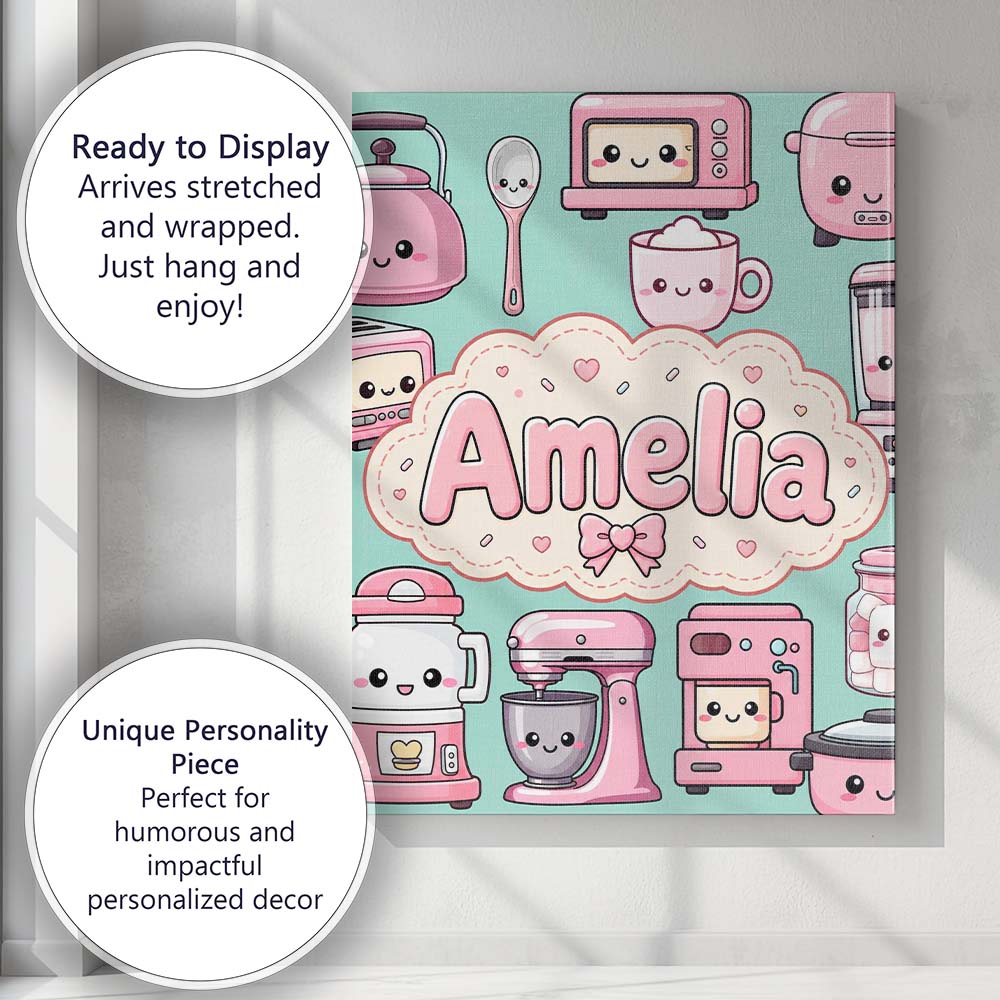 Personalised Name Cute Kawaii Appliances Custom Unique Gift Idea Elegant Feature Canvas Wall Art Print Decor Picture Ready to Hang