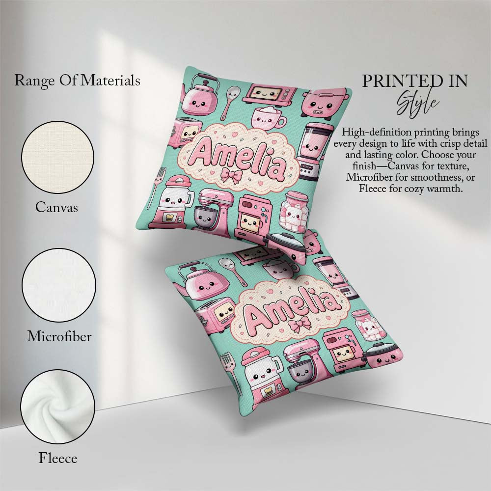 Custom Name Cute Kawaii Appliances Mixer Toaster Blender Mint Square Filled Cushion Throw Pillow Sofa Bed Home Decor Zip Washable UK Made