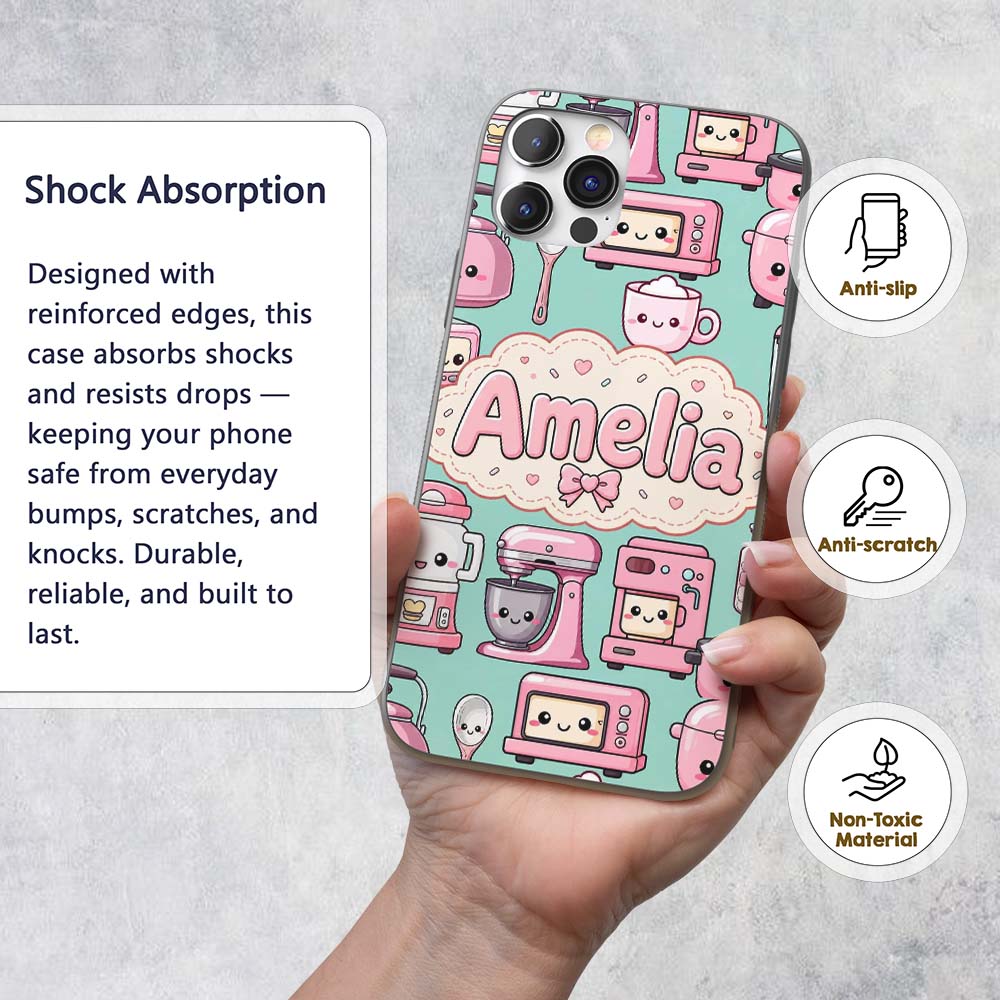 Cute Kawaii Appliances Mixer Toaster Blender Mint Custom Name Protective Phone Case Mobile Cover Durable Everyday Smartphone Shock Resistant