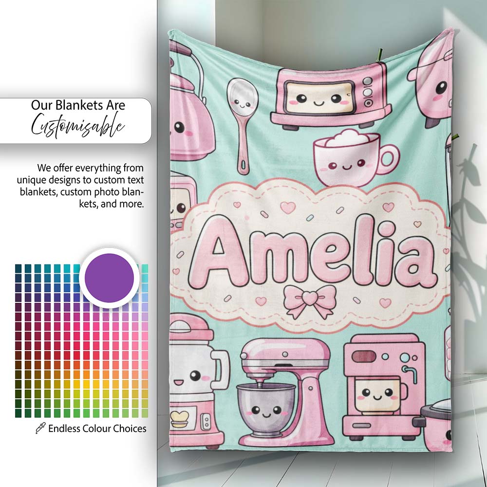 Cute Kawaii Appliances Mixer Toaster Blender Mint Personalised Custom Name Super Soft Fleece Blanket Bed Sofa Throw