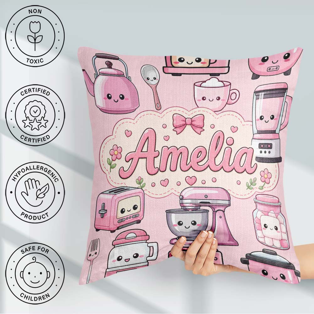 Custom Name Cute Kawaii Appliances Mixer Toaster Blender Teal Square Filled Cushion Throw Pillow Sofa Bed Home Decor Zip Washable UK Made