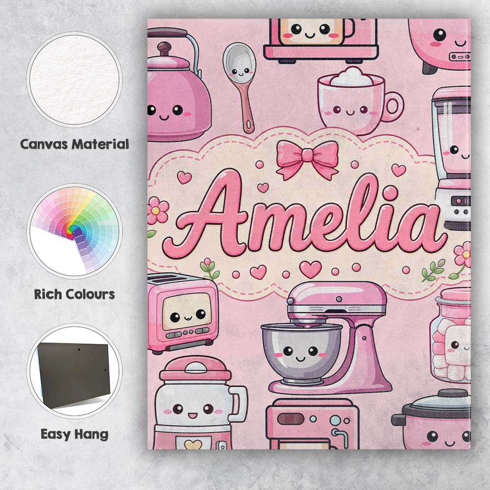 Personalised Name Cute Kawaii Appliances Custom Unique Gift Idea Elegant Feature Canvas Wall Art Print Decor Picture Ready to Hang