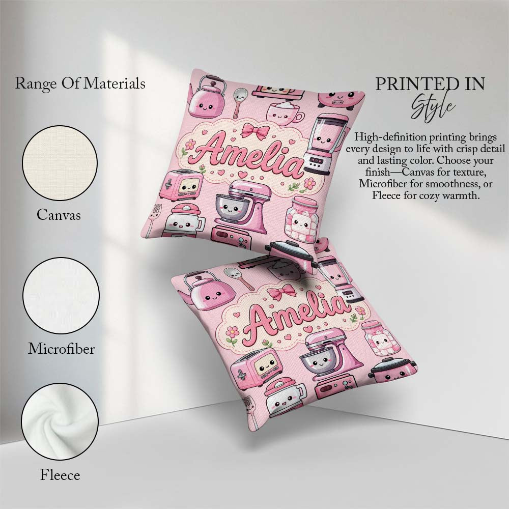 Custom Name Cute Kawaii Appliances Mixer Toaster Blender Teal Square Filled Cushion Throw Pillow Sofa Bed Home Decor Zip Washable UK Made