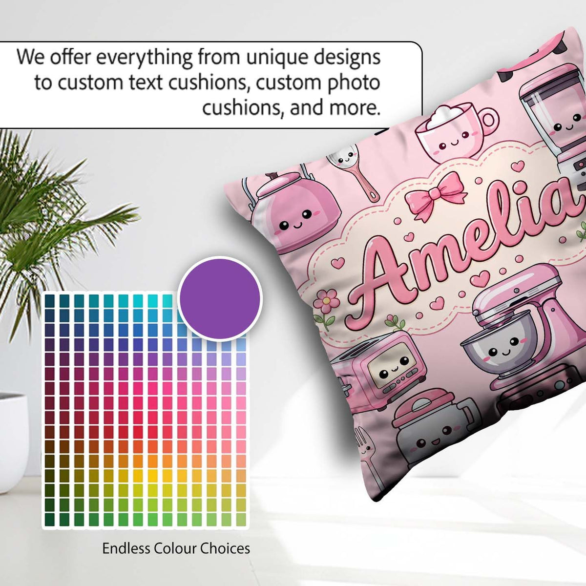 Custom Name Cute Kawaii Appliances Mixer Toaster Blender Teal Square Filled Cushion Throw Pillow Sofa Bed Home Decor Zip Washable UK Made