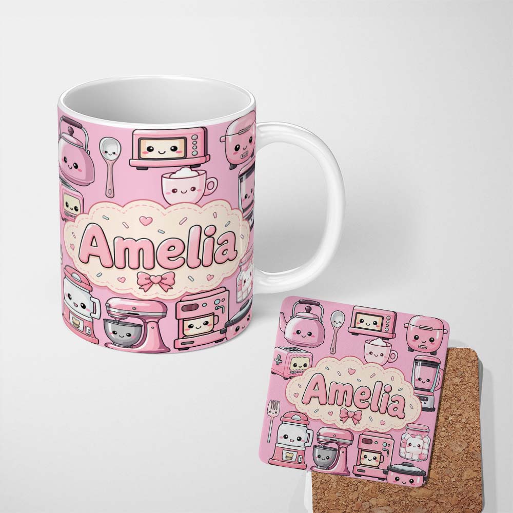 Personalized Custom Name Cute Kawaii Kitchen Appliances Mixer Toaster Blender Blush Pink 11oz Ceramic Coffee Tea Mug White Large Handle