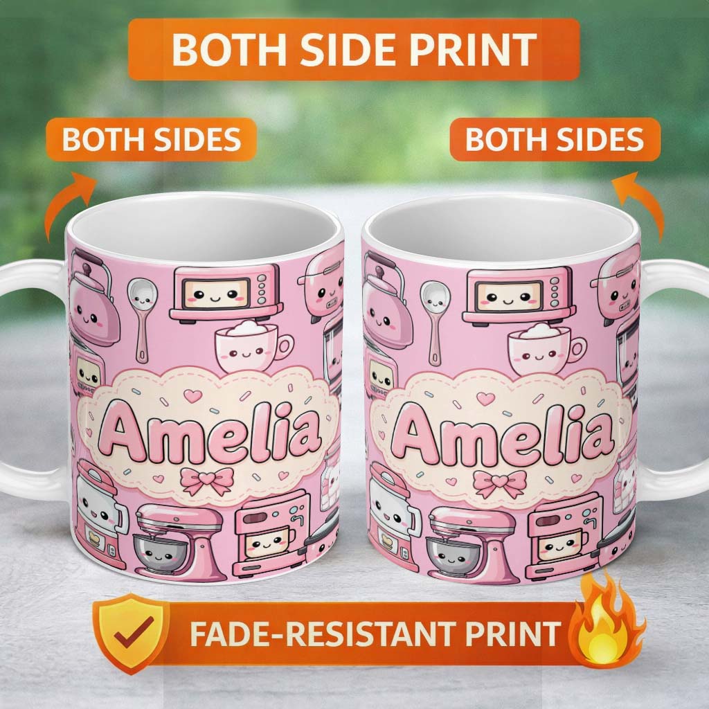 Personalized Custom Name Cute Kawaii Kitchen Appliances Mixer Toaster Blender Blush Pink 11oz Ceramic Coffee Tea Mug White Large Handle