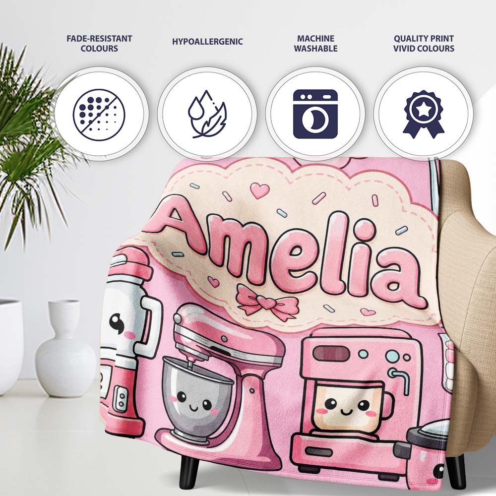 Cute Kawaii Appliances Mixer Toaster Blender Blush Pink Personalised Custom Name Super Soft Fleece Blanket Bed Sofa Throw