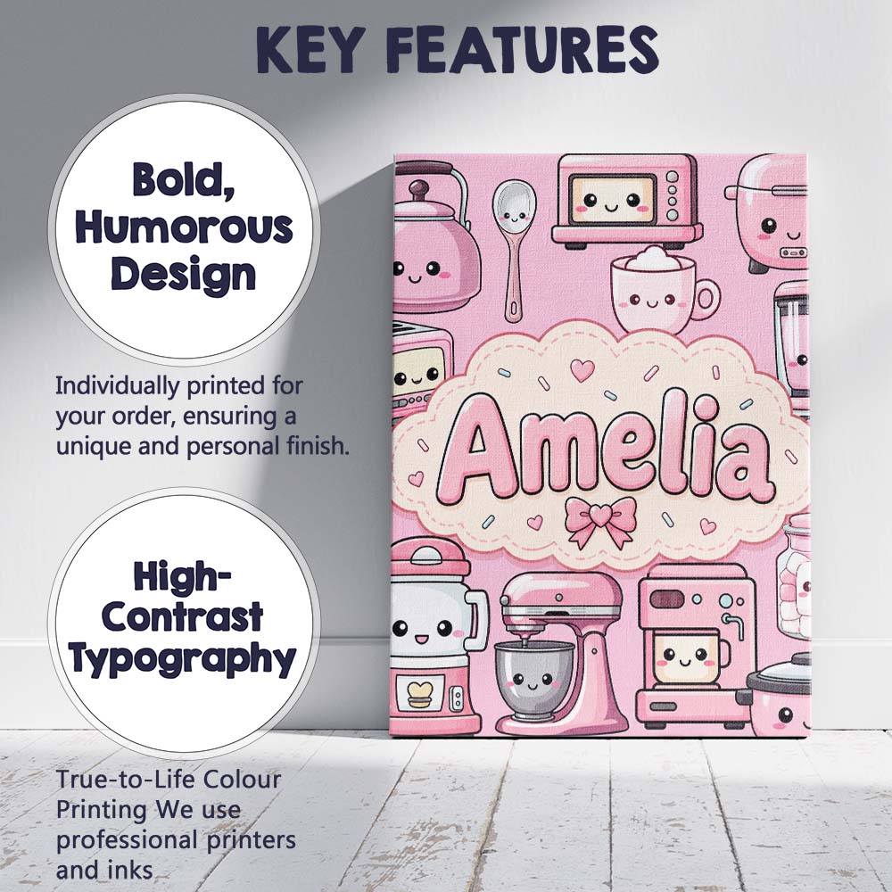 Personalised Name Cute Kawaii Appliances Custom Unique Gift Idea Elegant Feature Canvas Wall Art Print Decor Picture Ready to Hang