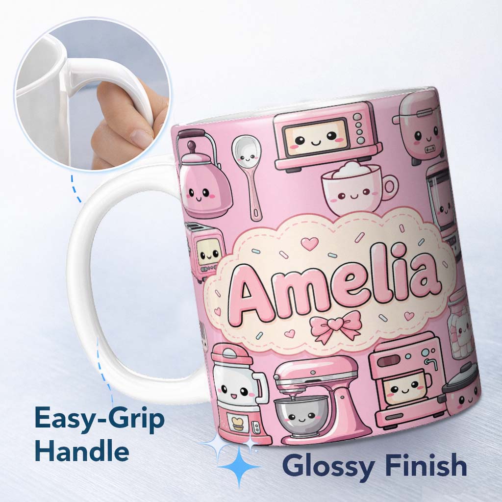 Personalized Custom Name Cute Kawaii Kitchen Appliances Mixer Toaster Blender Blush Pink 11oz Ceramic Coffee Tea Mug White Large Handle