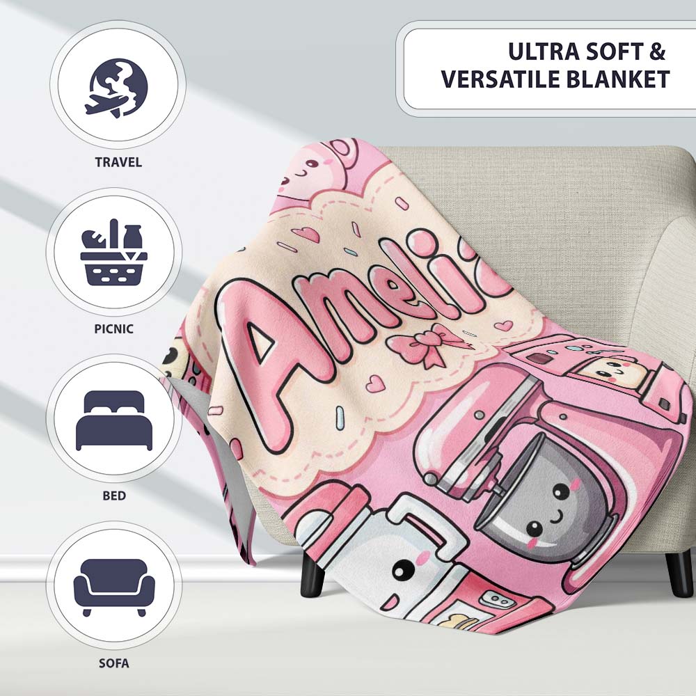Cute Kawaii Appliances Mixer Toaster Blender Blush Pink Personalised Custom Name Super Soft Fleece Blanket Bed Sofa Throw