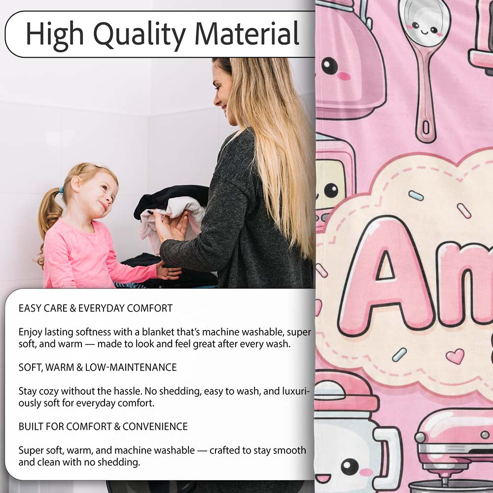 Cute Kawaii Appliances Mixer Toaster Blender Blush Pink Personalised Custom Name Super Soft Fleece Blanket Bed Sofa Throw
