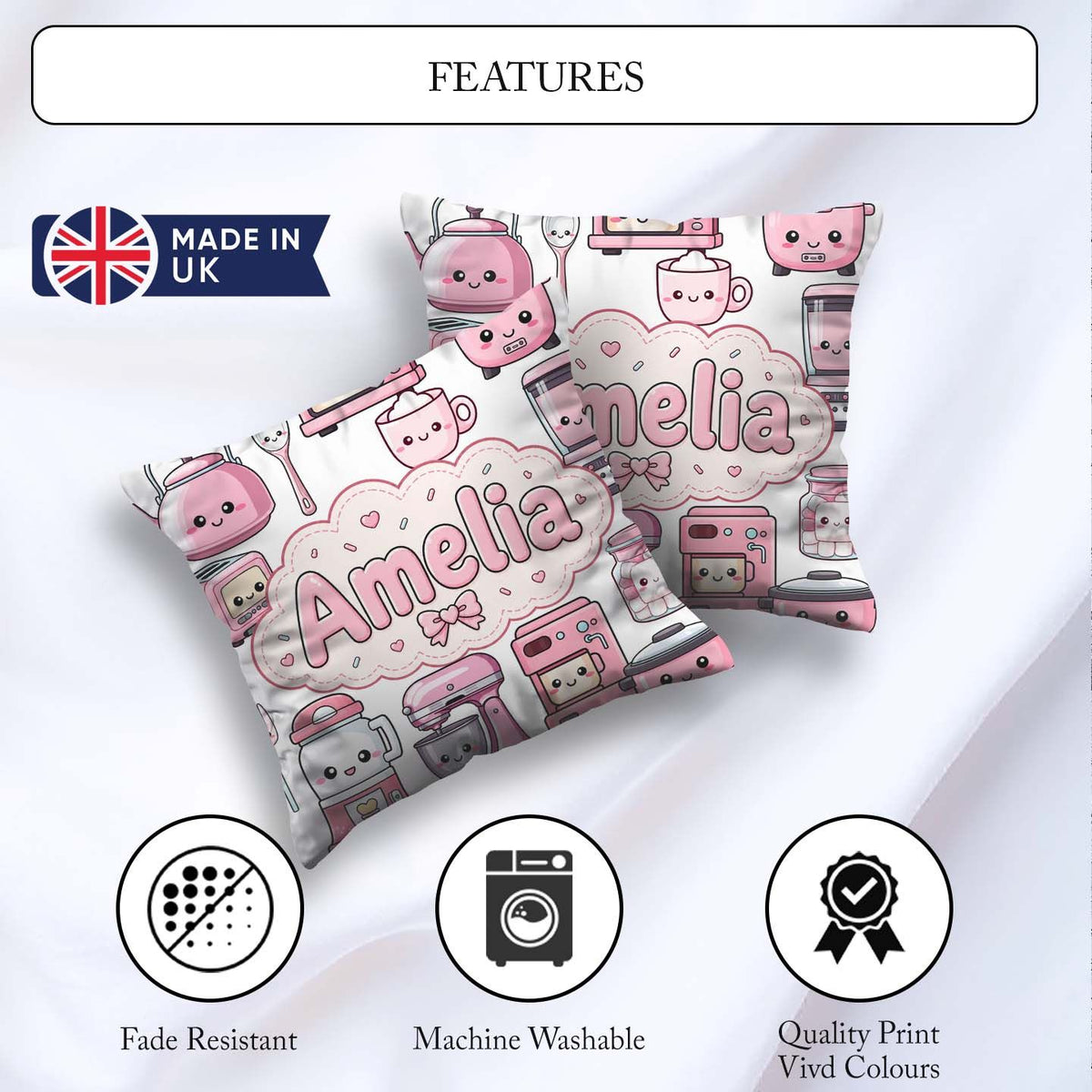 Custom Name Kawaii Appliances Mixer Toaster Blender Light Grey Square Filled Cushion Throw Pillow Sofa Bed Home Decor Zip Washable UK Made