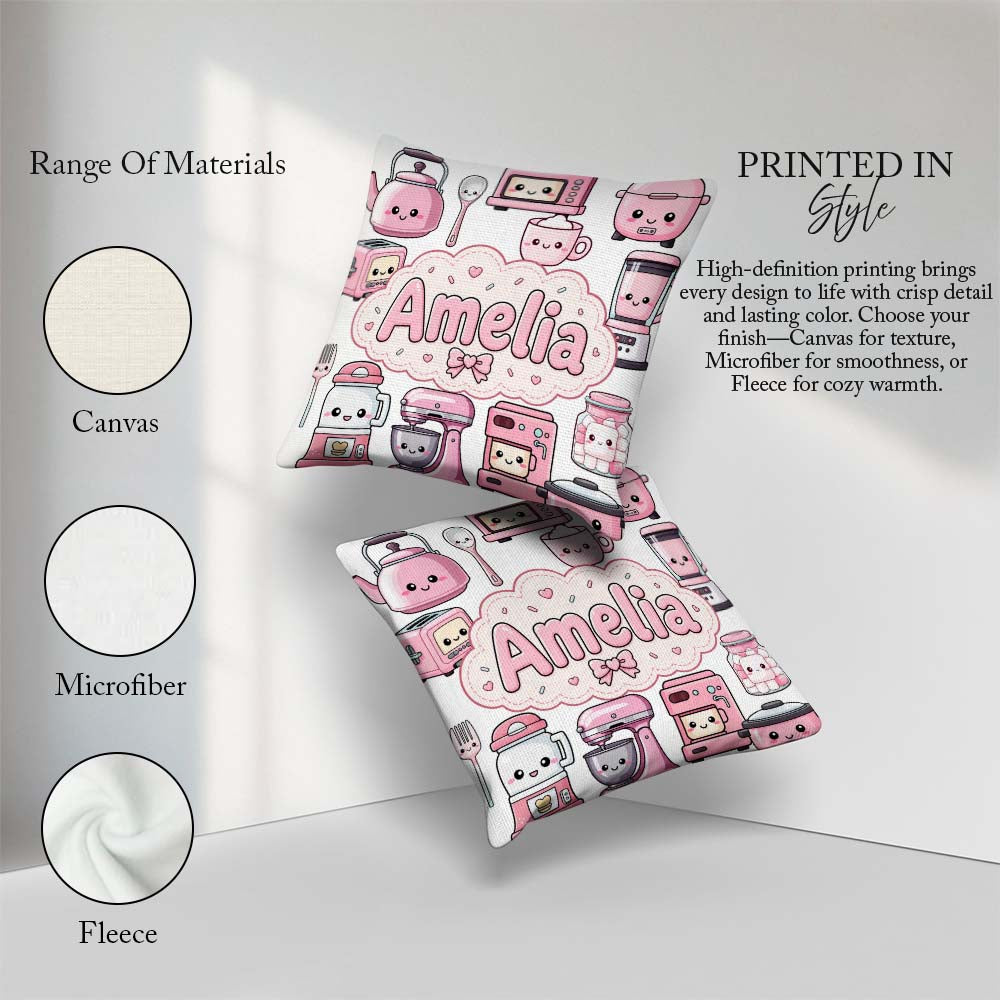 Custom Name Kawaii Appliances Mixer Toaster Blender Light Grey Square Filled Cushion Throw Pillow Sofa Bed Home Decor Zip Washable UK Made