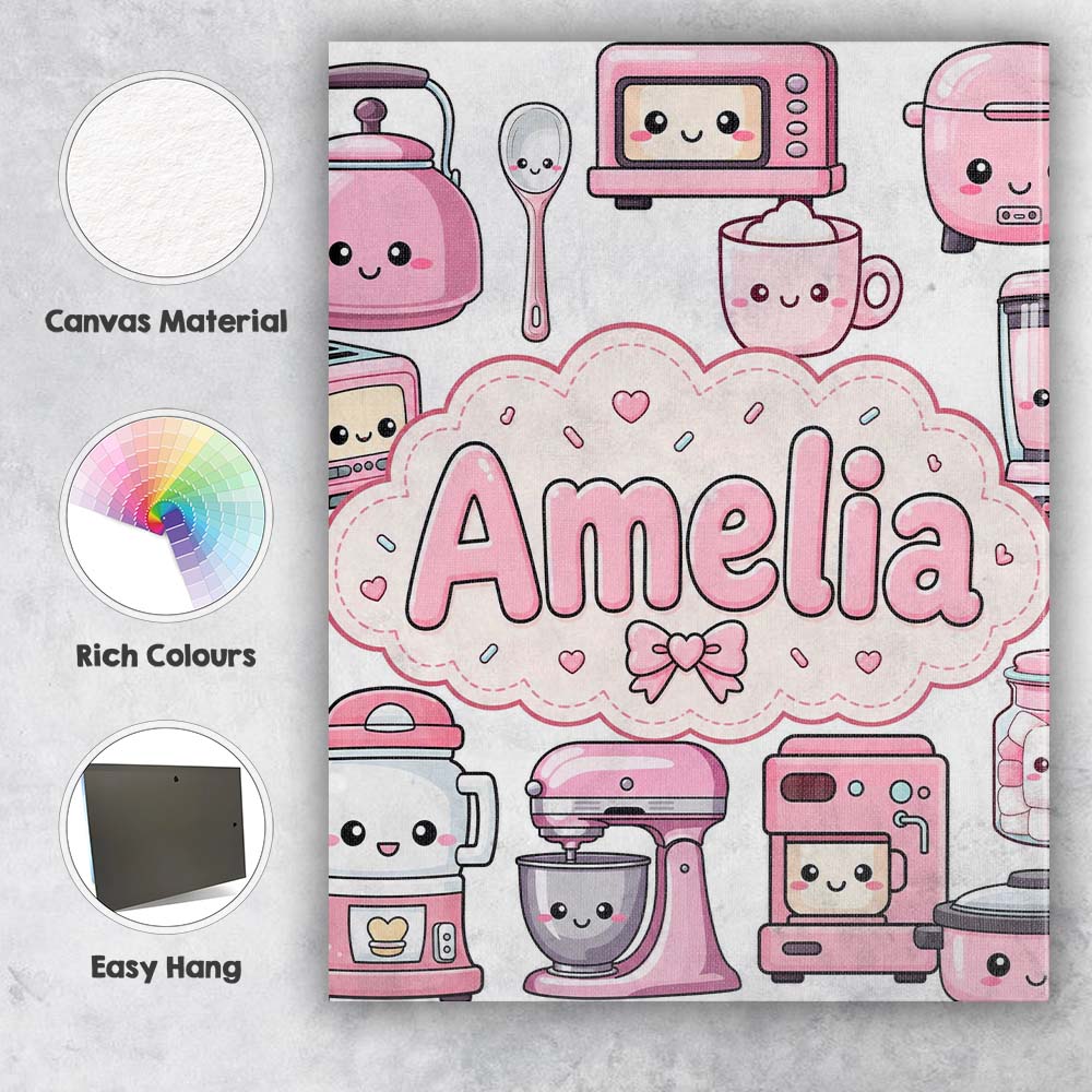 Personalised Name Cute Kawaii Appliances Custom Unique Gift Idea Elegant Feature Canvas Wall Art Print Decor Picture Ready to Hang