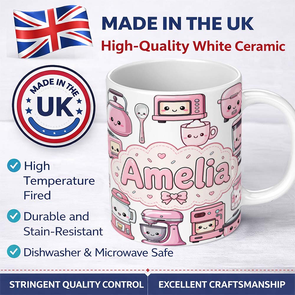 Personalized Custom Name Cute Kawaii Kitchen Appliances Mixer Toaster Blender Light Grey 11oz Ceramic Coffee Tea Mug White Large Handle