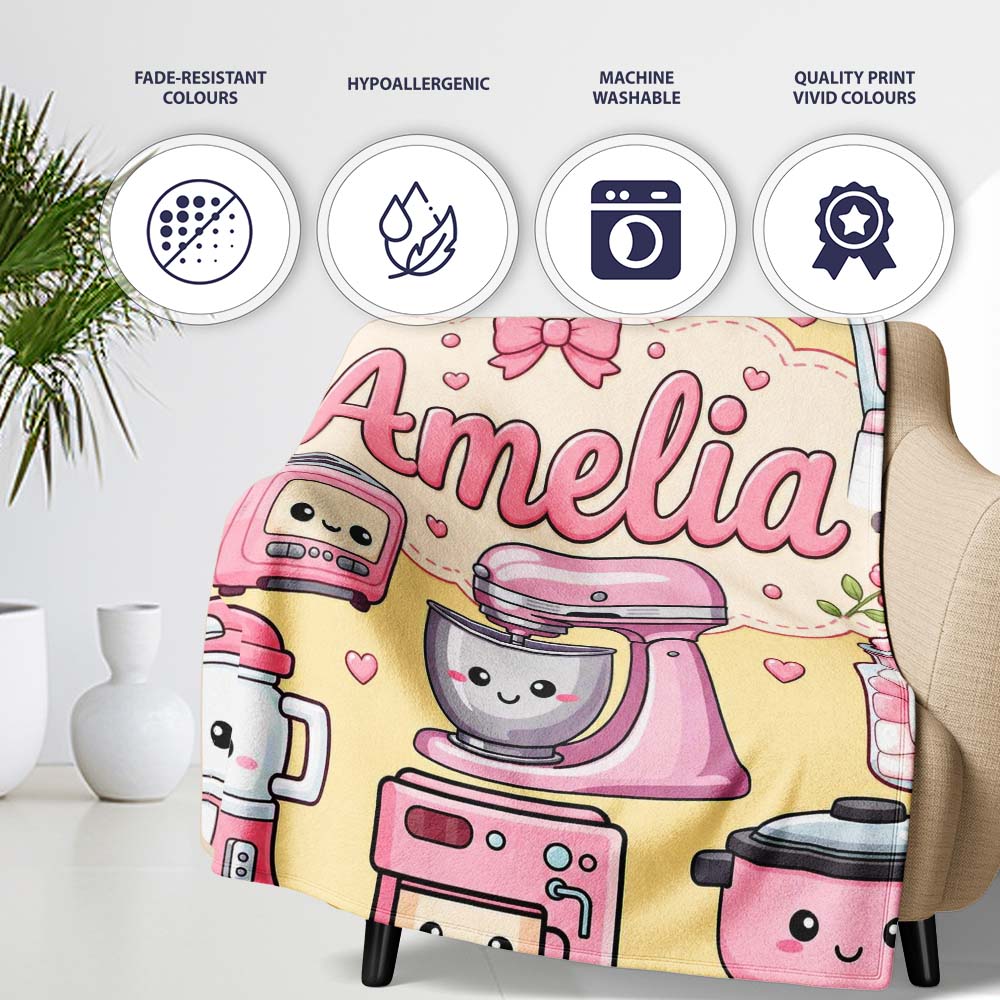 Cute Kawaii Appliances Mixer Toaster Blender Yellow Personalised Custom Name Super Soft Fleece Blanket Bed Sofa Throw