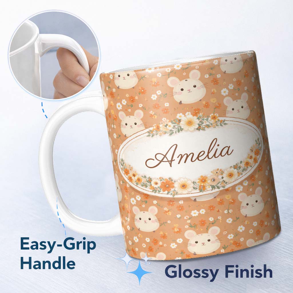 Personalized Custom Name Cute Bunny Floral Meadow Seamless Pattern Thoughtful Gift Idea 11oz Ceramic Coffee Tea Mug White Large Handle